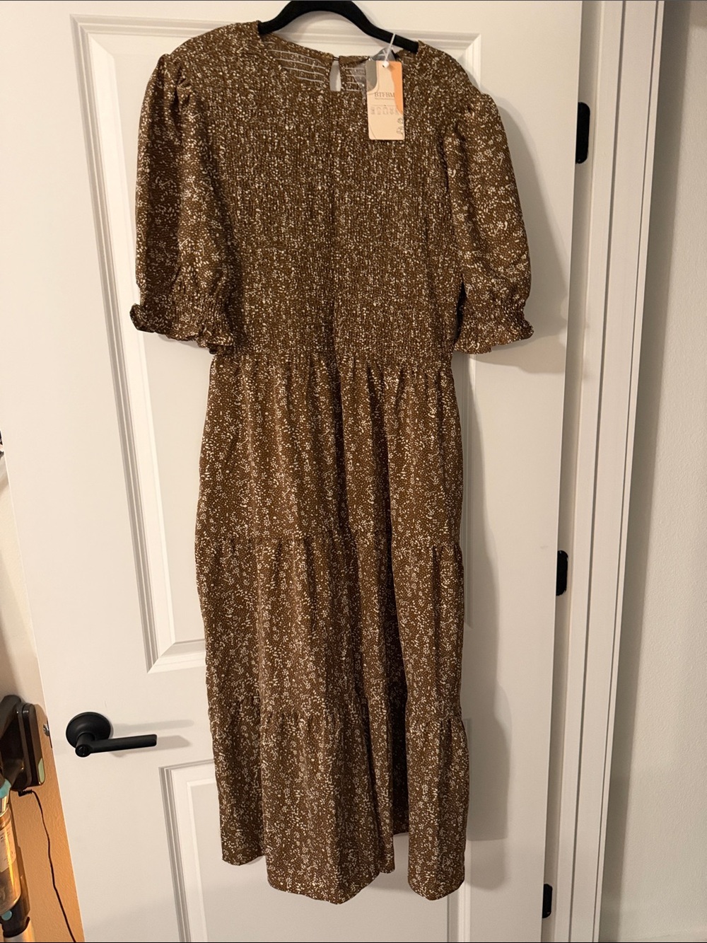 Smocked Bodice Brown Floral Midi Dress with Puff Sleeves